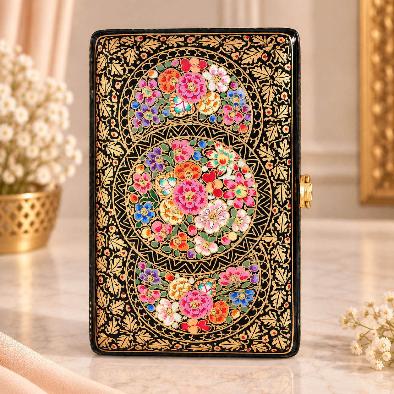 Black & Gold Floral Paper Mache Ladies' Clutch