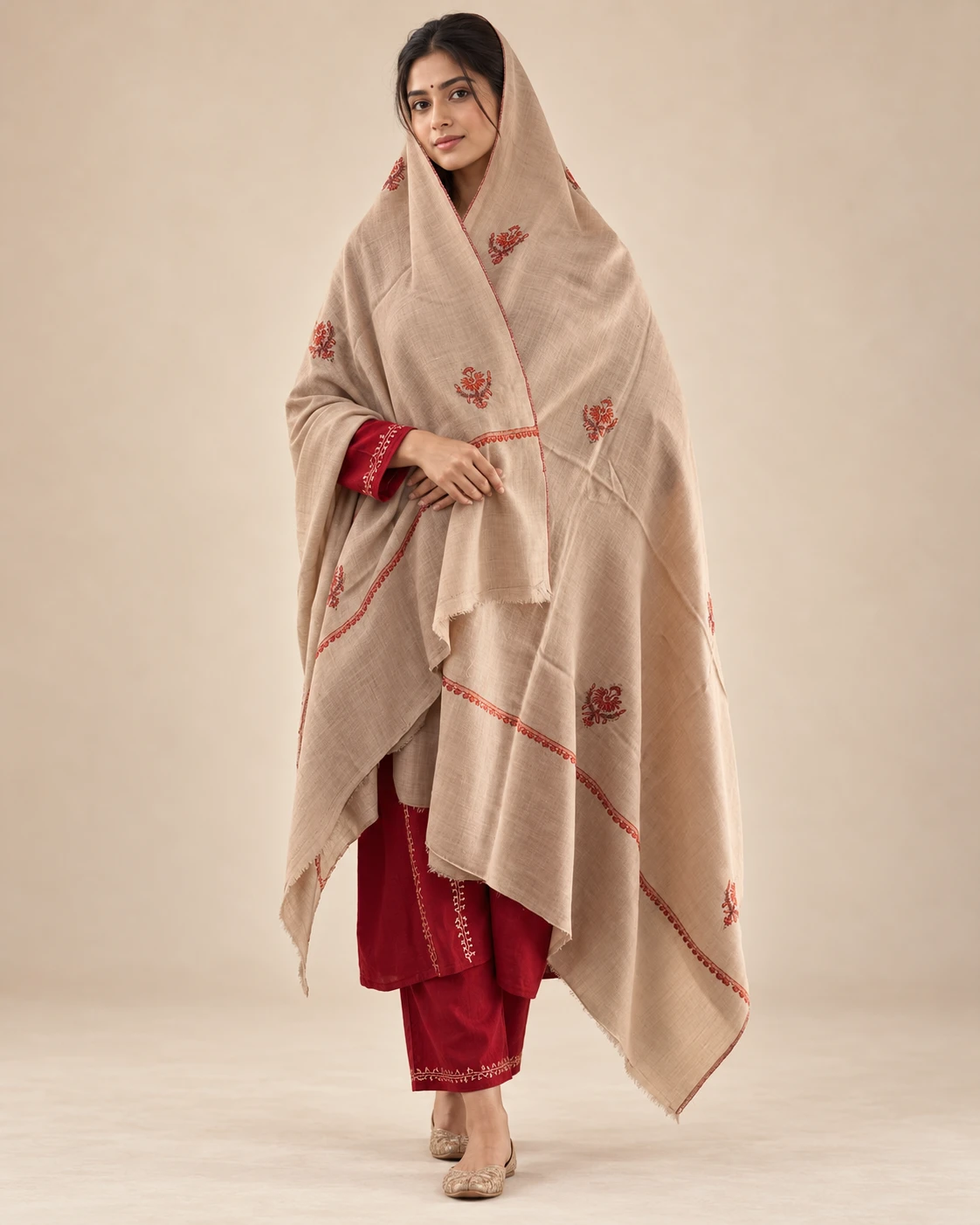Beige Sozni Embroidered Count Shawl
