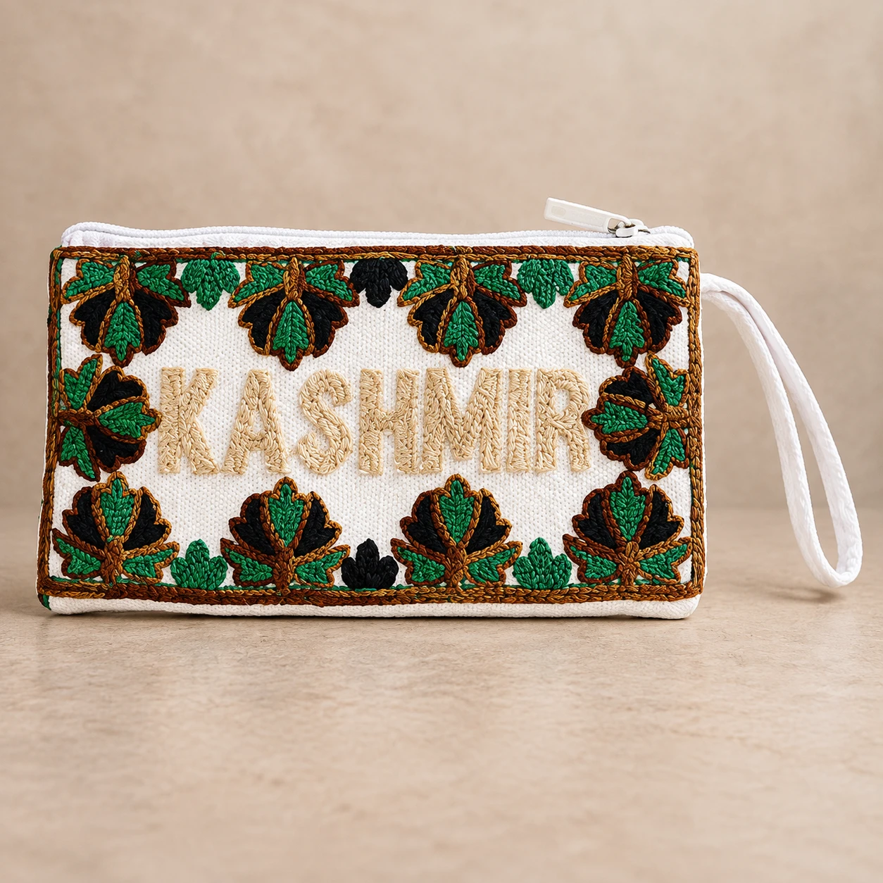 Kashmir Embroidered Hand Pouch Wristlet - Green & Black