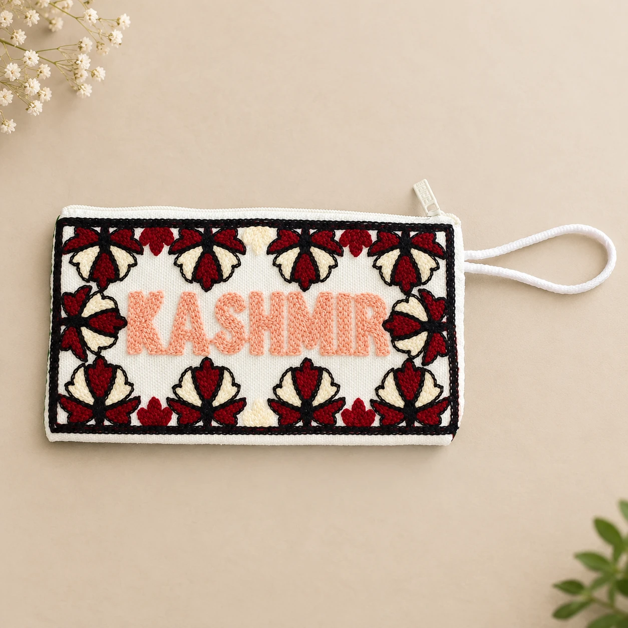 Kashmir Embroidered Hand Pouch Wristlet - Maroon & White