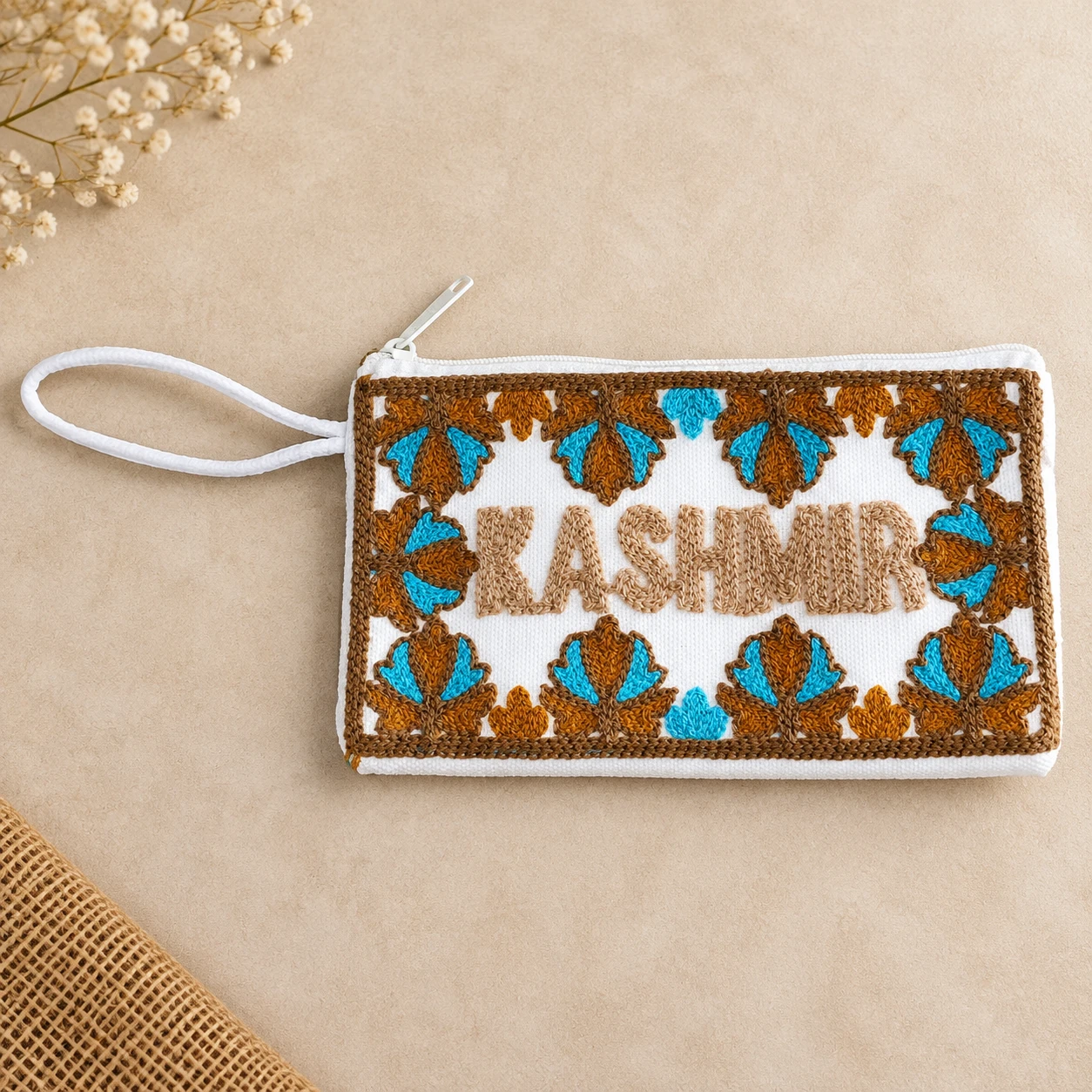 Kashmir Embroidered Hand Pouch Wristlet - Mustard & Sky Blue