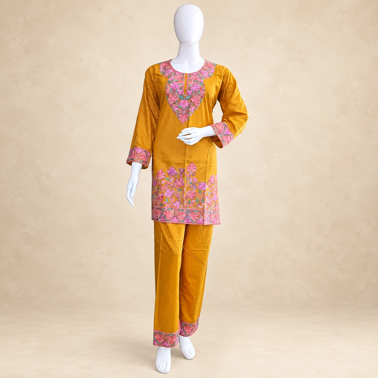 Golden Yellow Aari Work Cotton Co-Ord Set