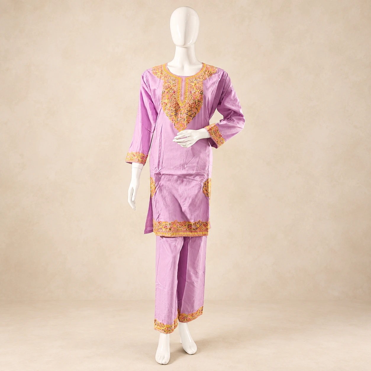 Lavender Aari Work Cotton Co-Ord Set