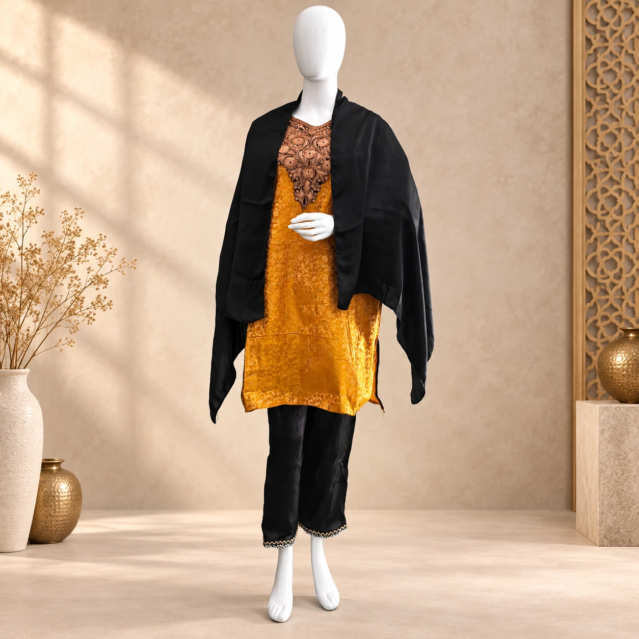 Kashmiri Tilla Embroidary Suit Mustard With Scalping