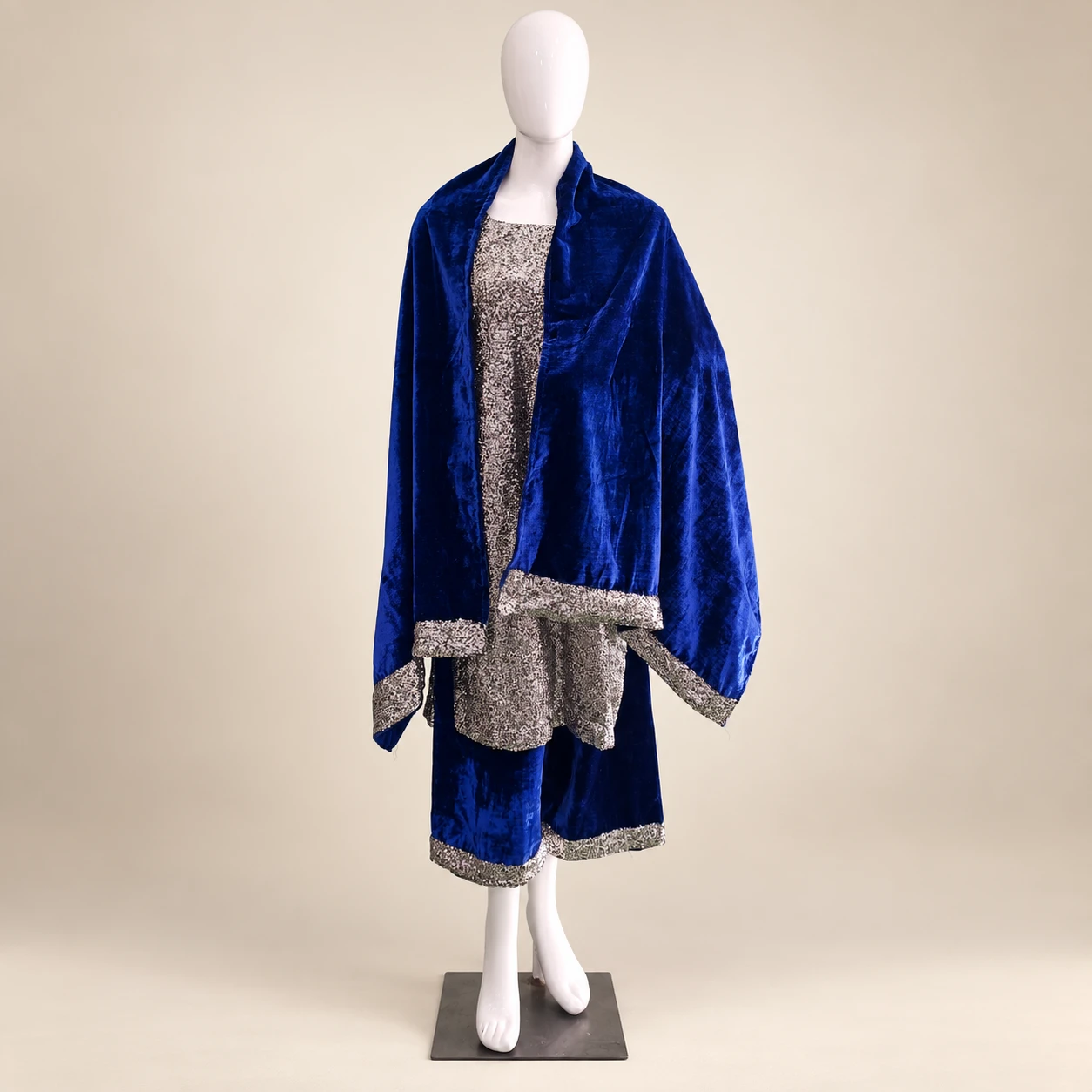 Luxury Silver Sequin Embellished Kashmiri Warm Suit Set with Blue Shawl
