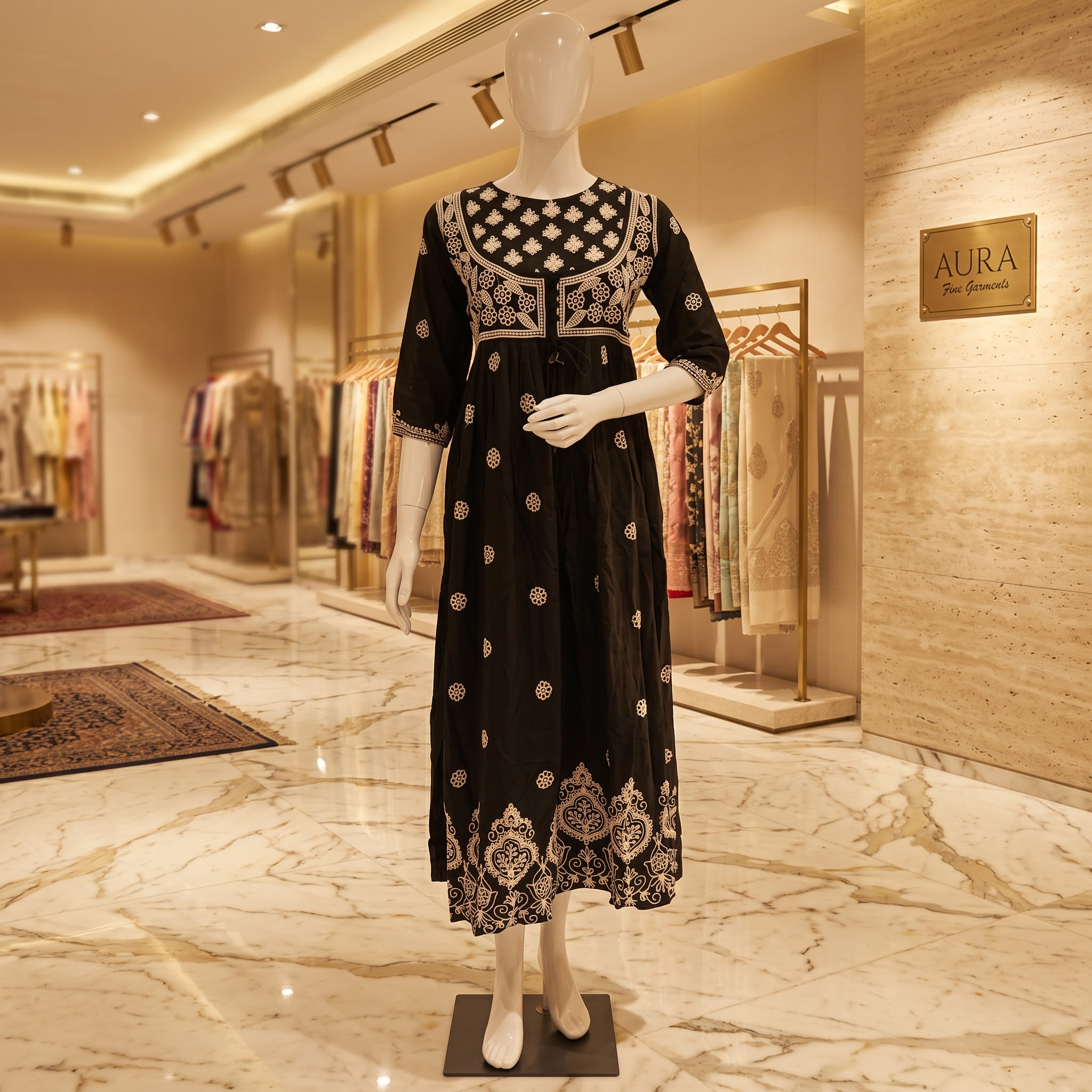 Black Kashmiri Tilla Embroidered Long Kurti