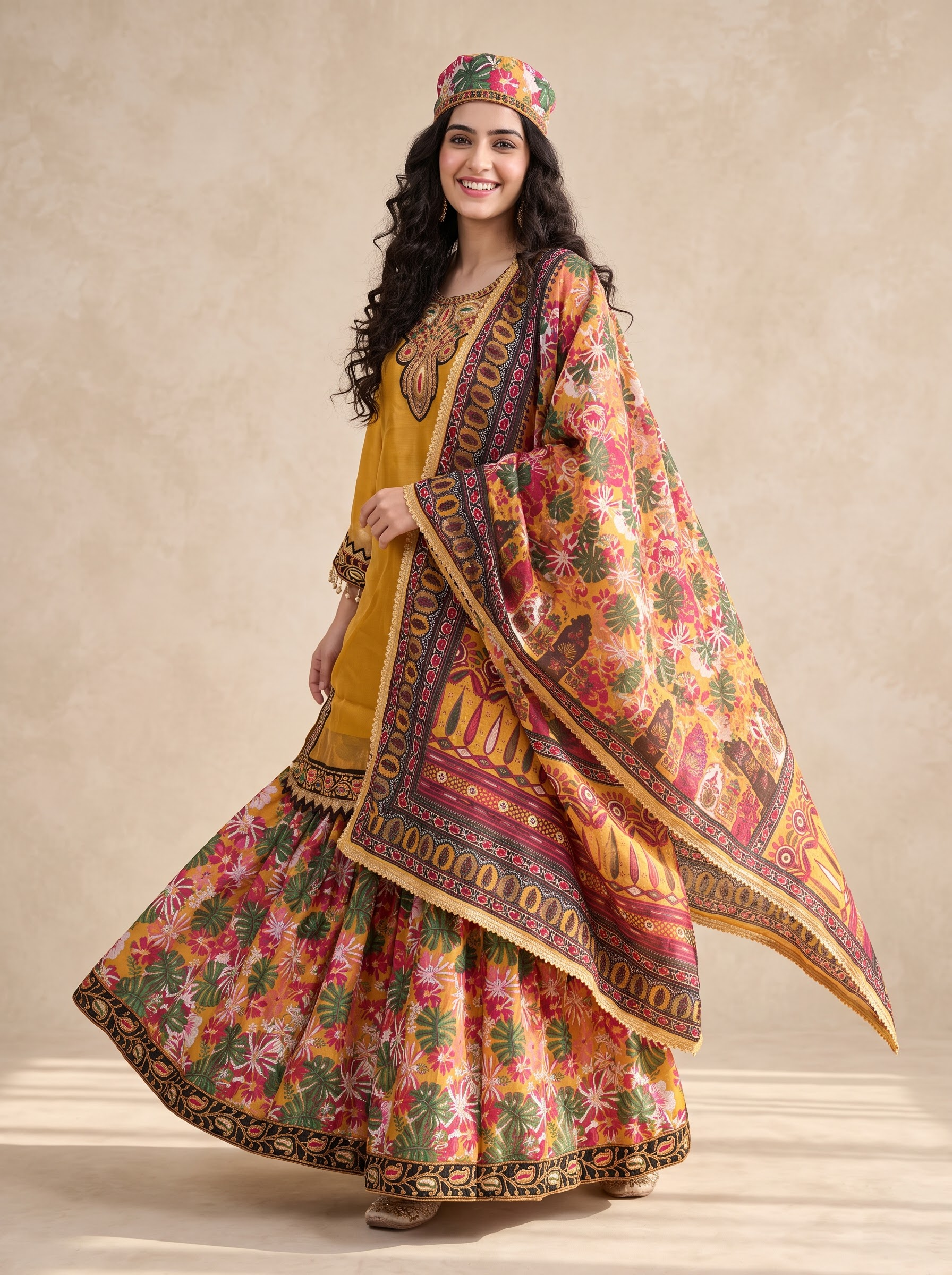 Garara Tilla Embroidary Suit With Dupatta and Cap